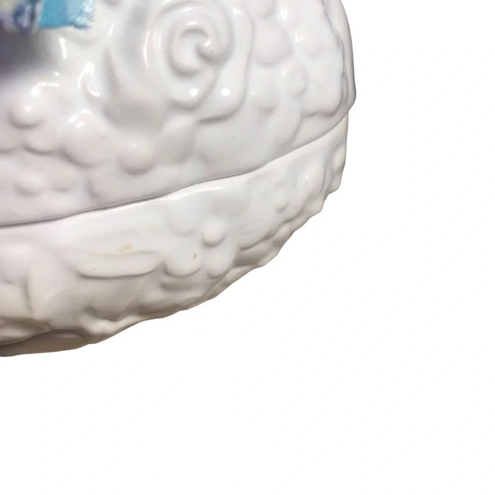 White Ceramic Egg Candy Dish Floral Pattern